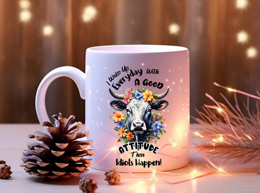 I Wake Up Everyday With A Good Attitude Then Idiots Happen Mug