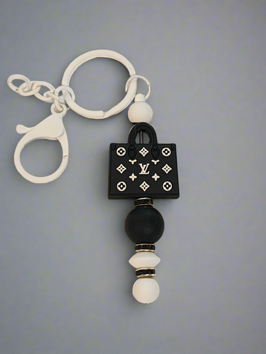 LV inspired beaded keychain - Black and white